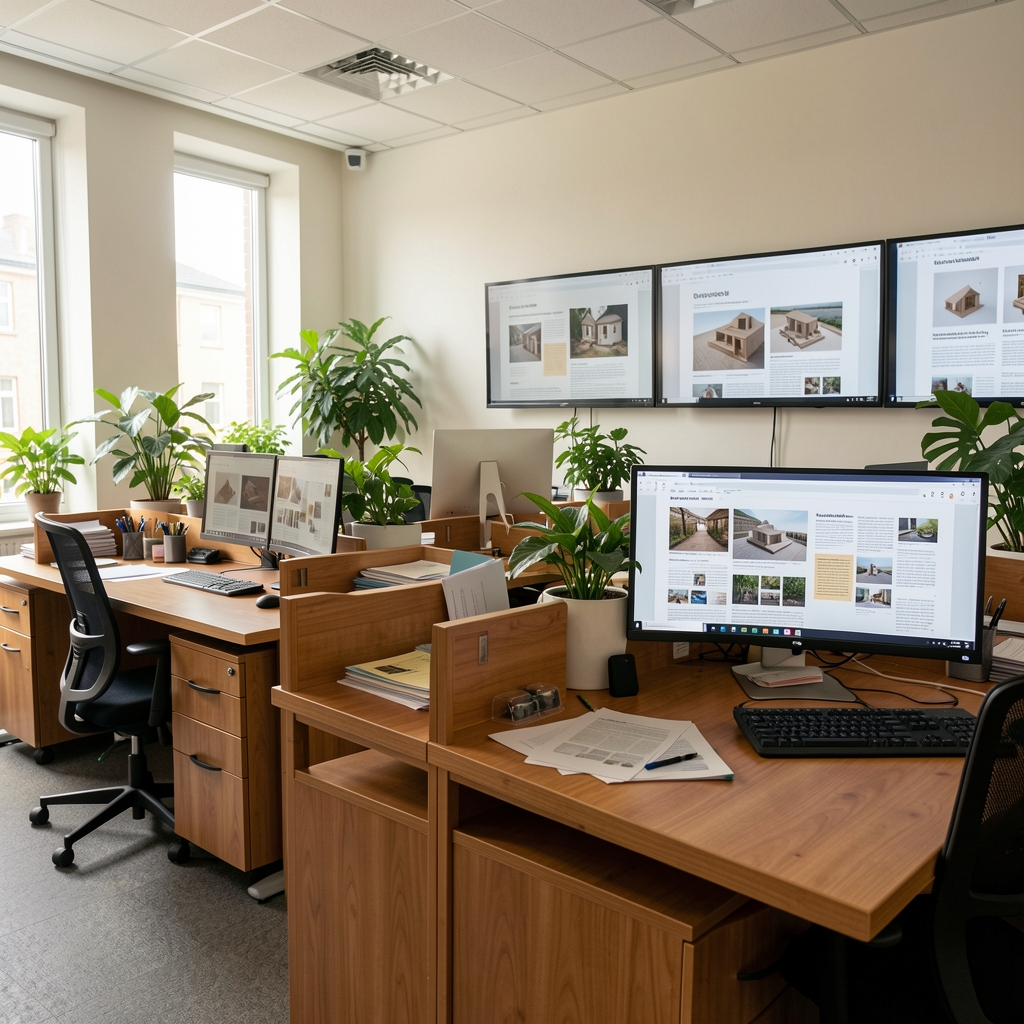 Salle de rédaction lumineuse avec bureaux en bois, plantes vertes et écrans affichant des maquettes de pages