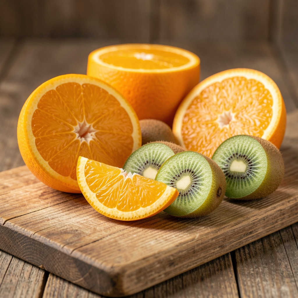 Oranges et kiwis coupés sur une planche en bois près d'un carnet de notes