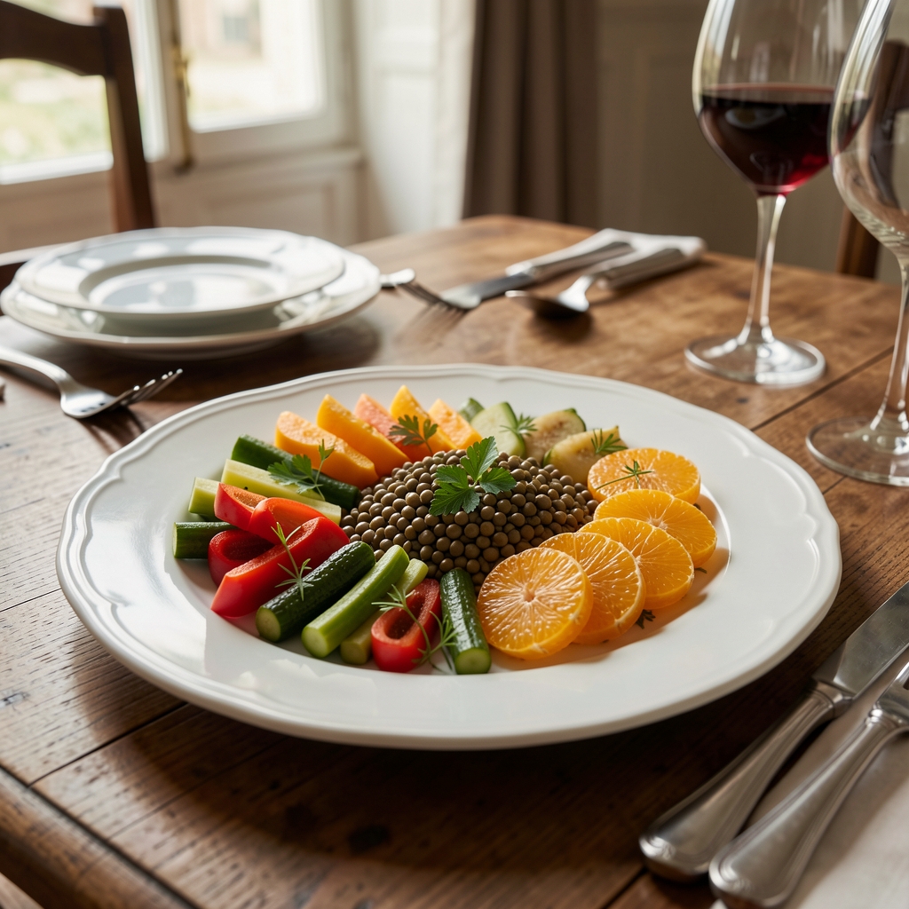 Assiette équilibrée avec légumes colorés, lentilles, agrumes et herbes sur une table française