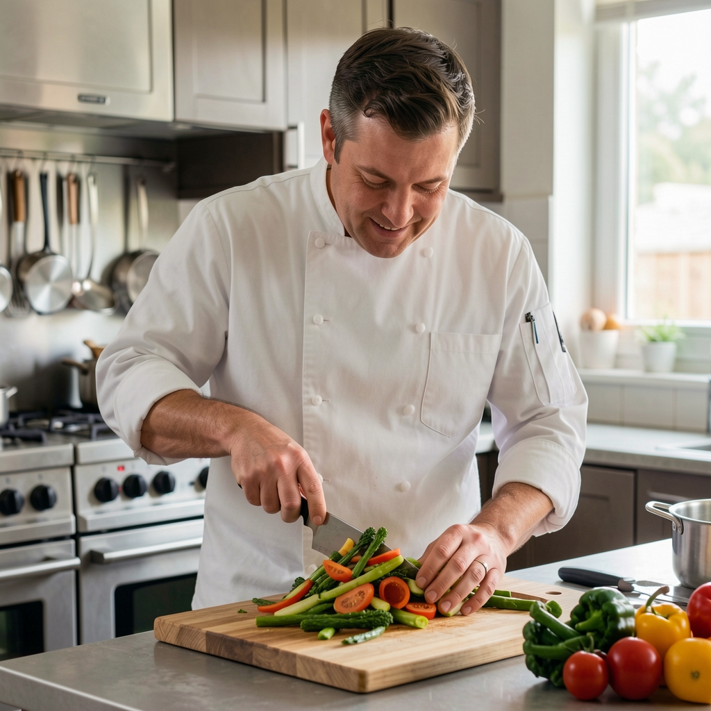 Cuisinier testant une recette de légumes dans une cuisine d'atelier avec ustensiles en inox