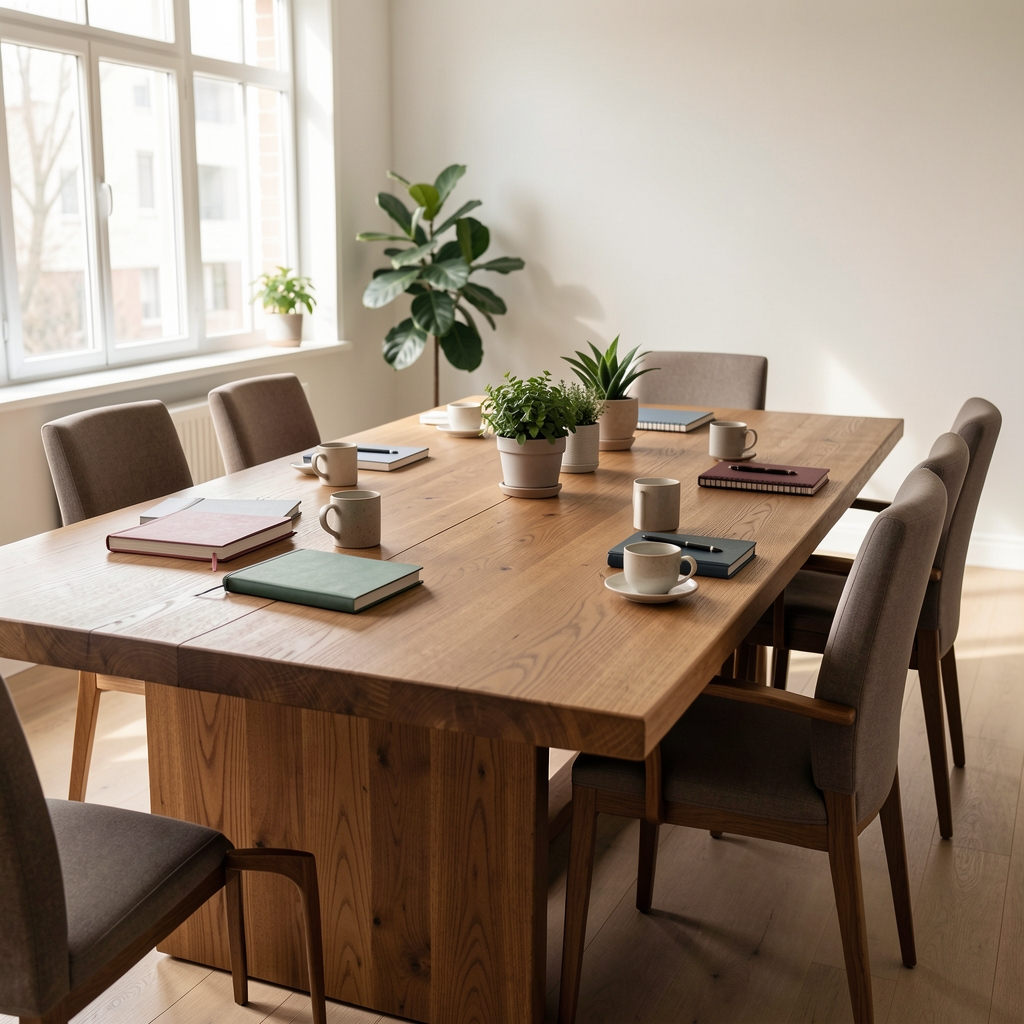 Grande table de réunion en bois avec carnets, tasses et plantes dans une salle lumineuse d'un immeuble lyonnais