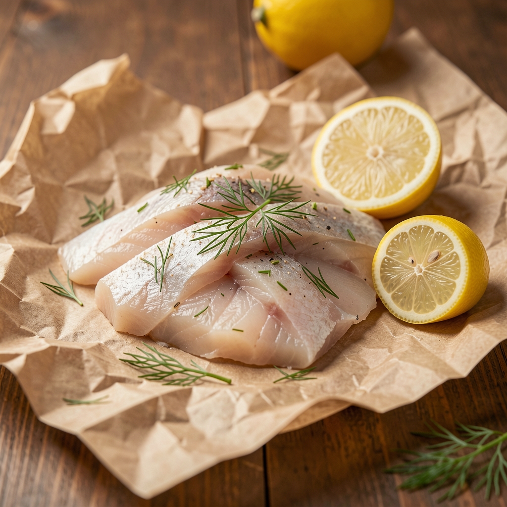 Filet de poisson cru sur du papier de boucherie avec citron et aneth