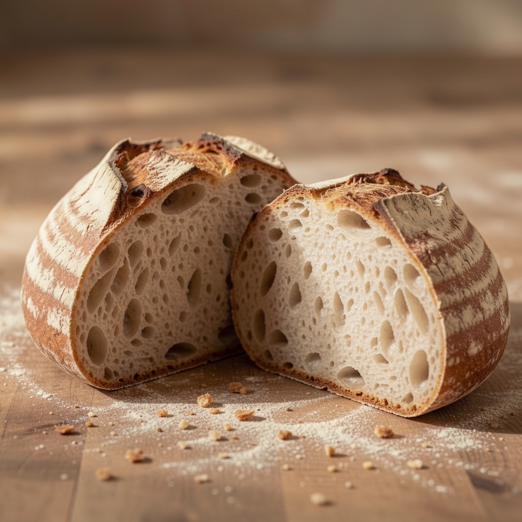 Miche de pain au levain découpée à côté d'un bol de miso et de graines de soja
