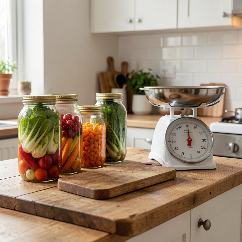 Plan de travail de cuisine lumineux avec bocaux de légumes en fermentation, balance et planche en bois