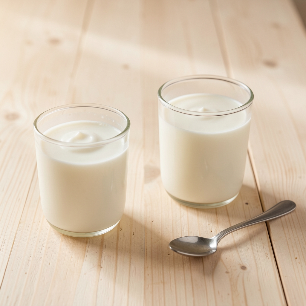 Pots en verre de yaourt nature et de kéfir sur une table en bois clair avec une cuillère