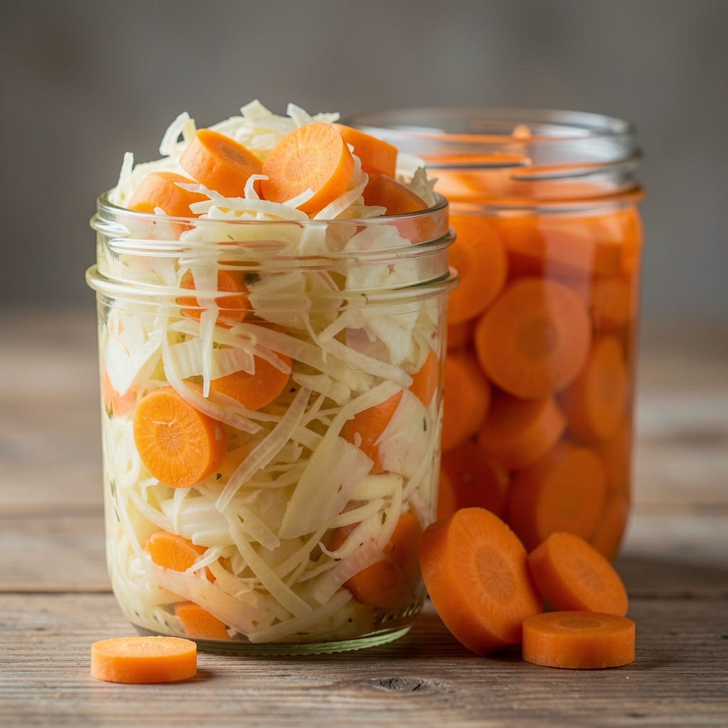 Bocal de choucroute crue et de carottes lactofermentées posé près d'un chou blanc coupé