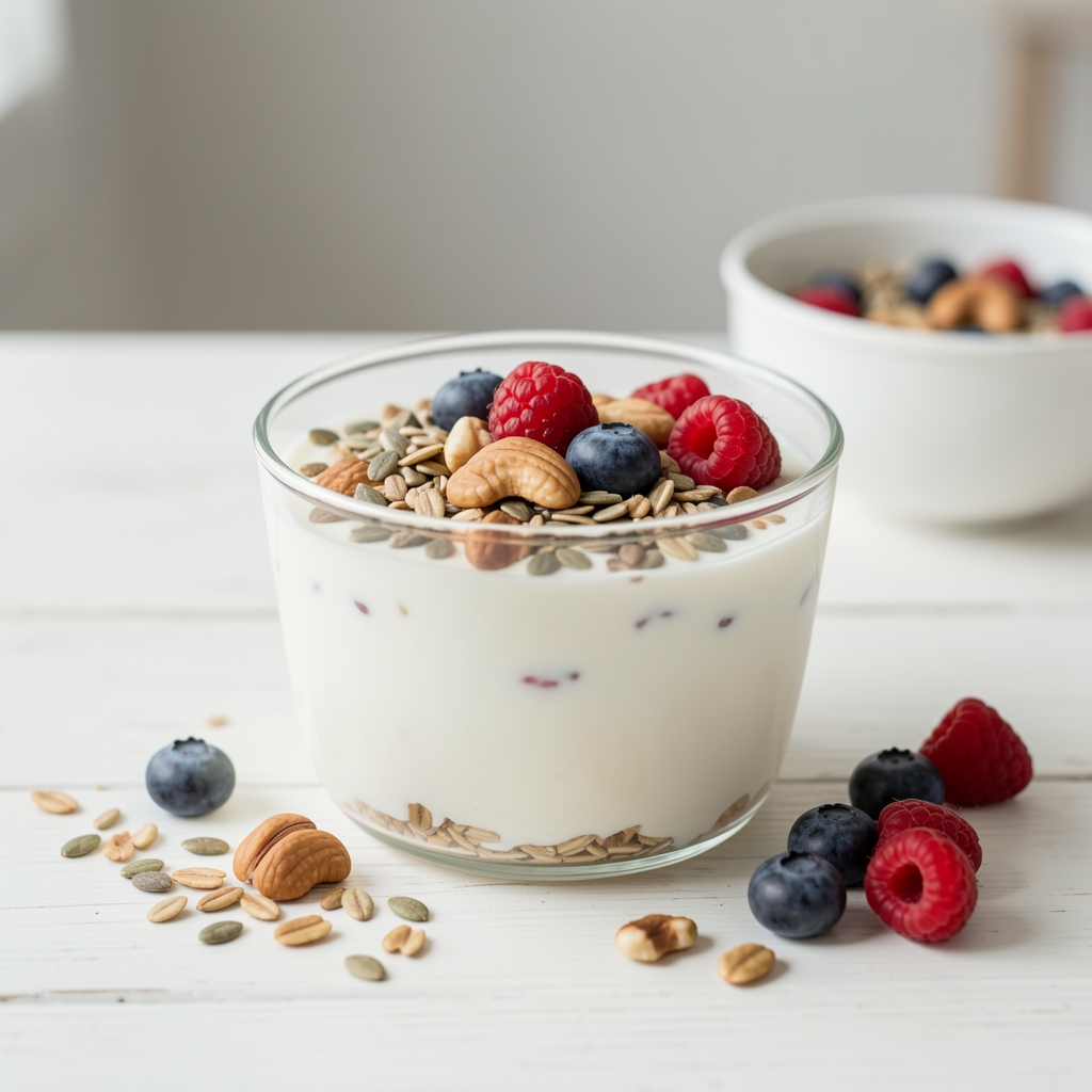 Bol de yaourt nature avec graines, noix et fruits rouges sur une table claire