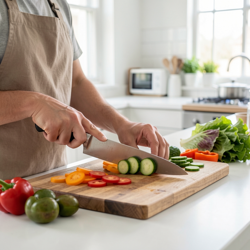Personne découpant des légumes colorés sur une planche à découper dans une cuisine claire