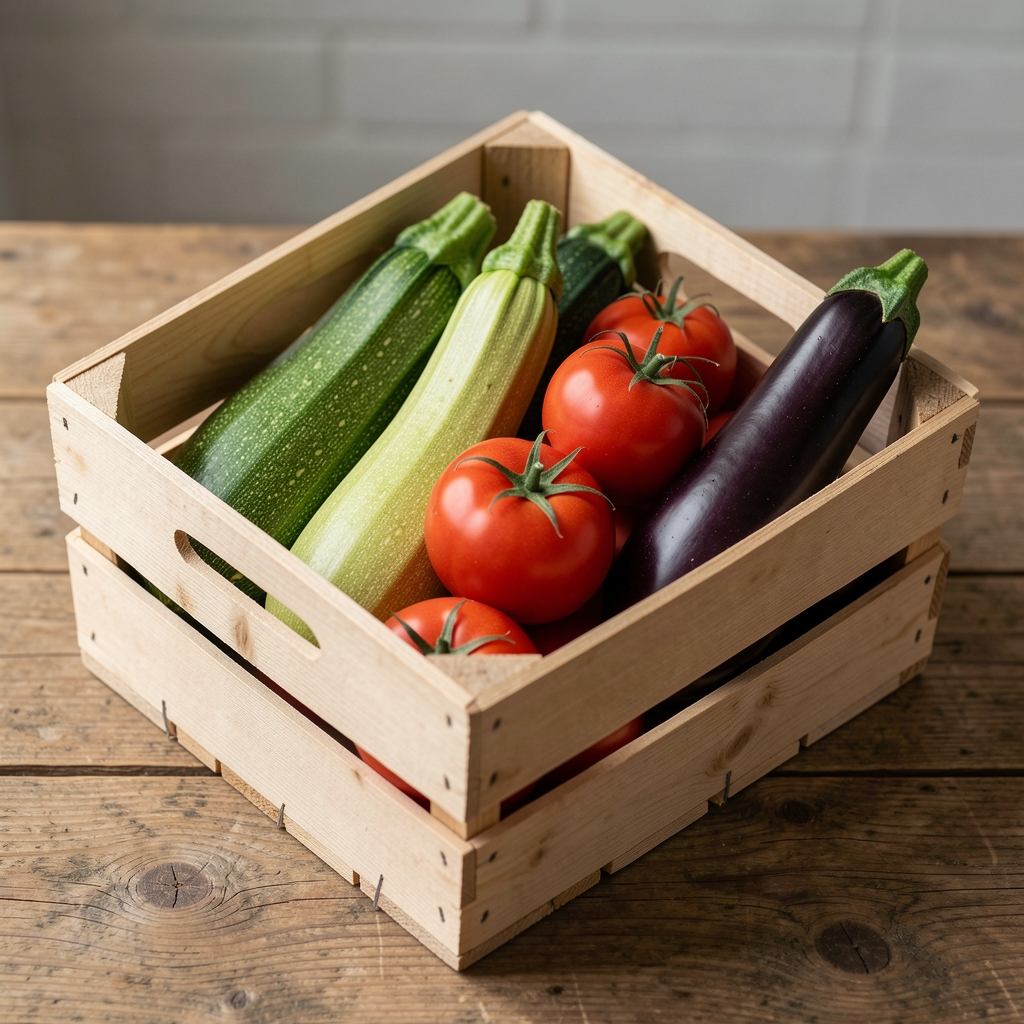 Cagette de courgettes, tomates et aubergines d'été sur une table en bois près d'une fenêtre