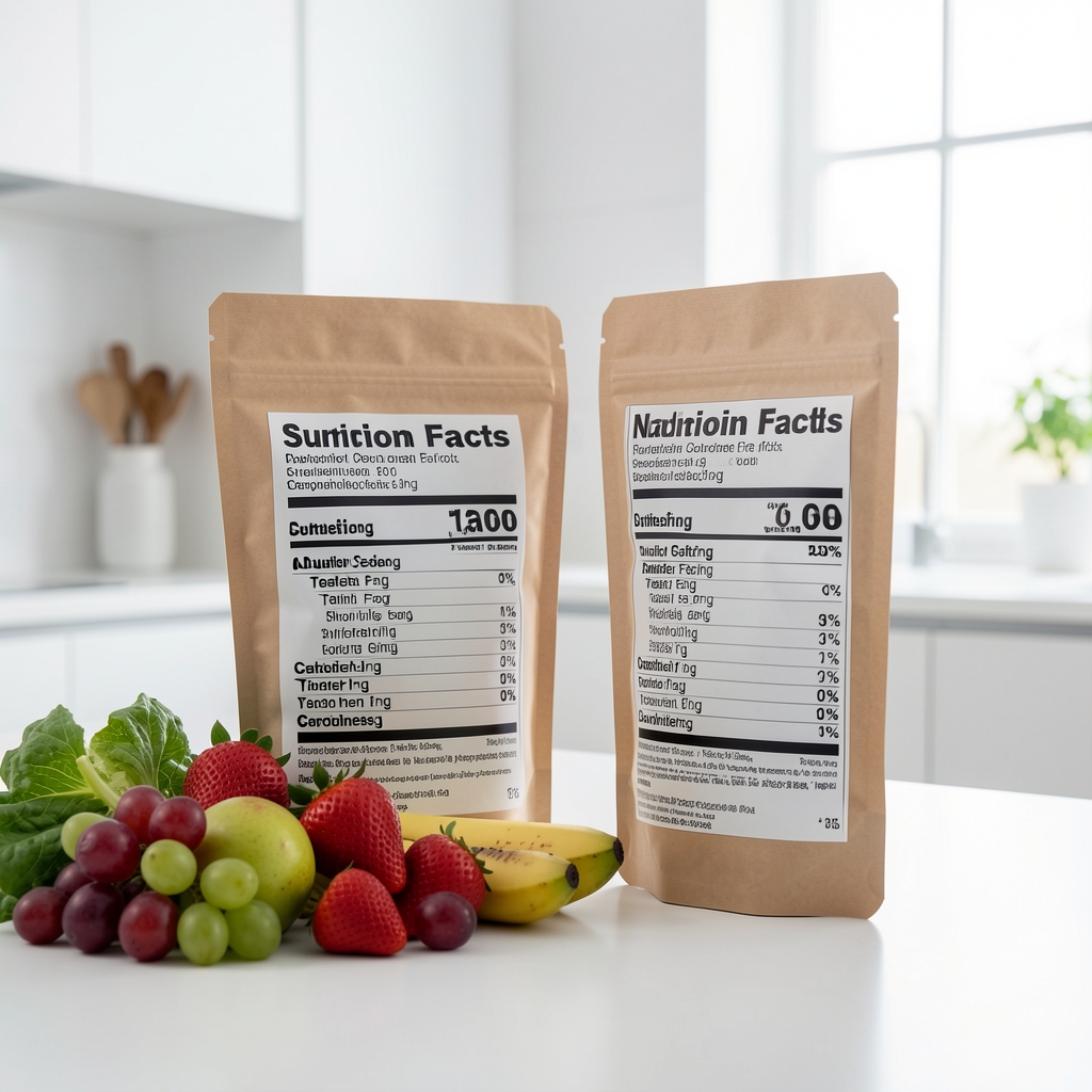 Main parcourant une étiquette nutritionnelle sur un paquet posé à côté de fruits frais