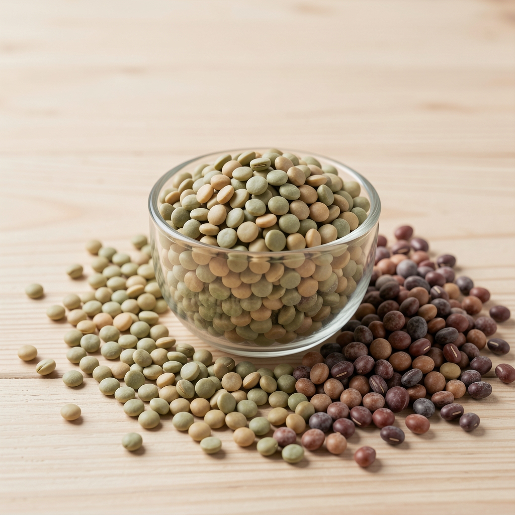 Bols de lentilles, pois chiches et haricots secs sur une table en bois clair