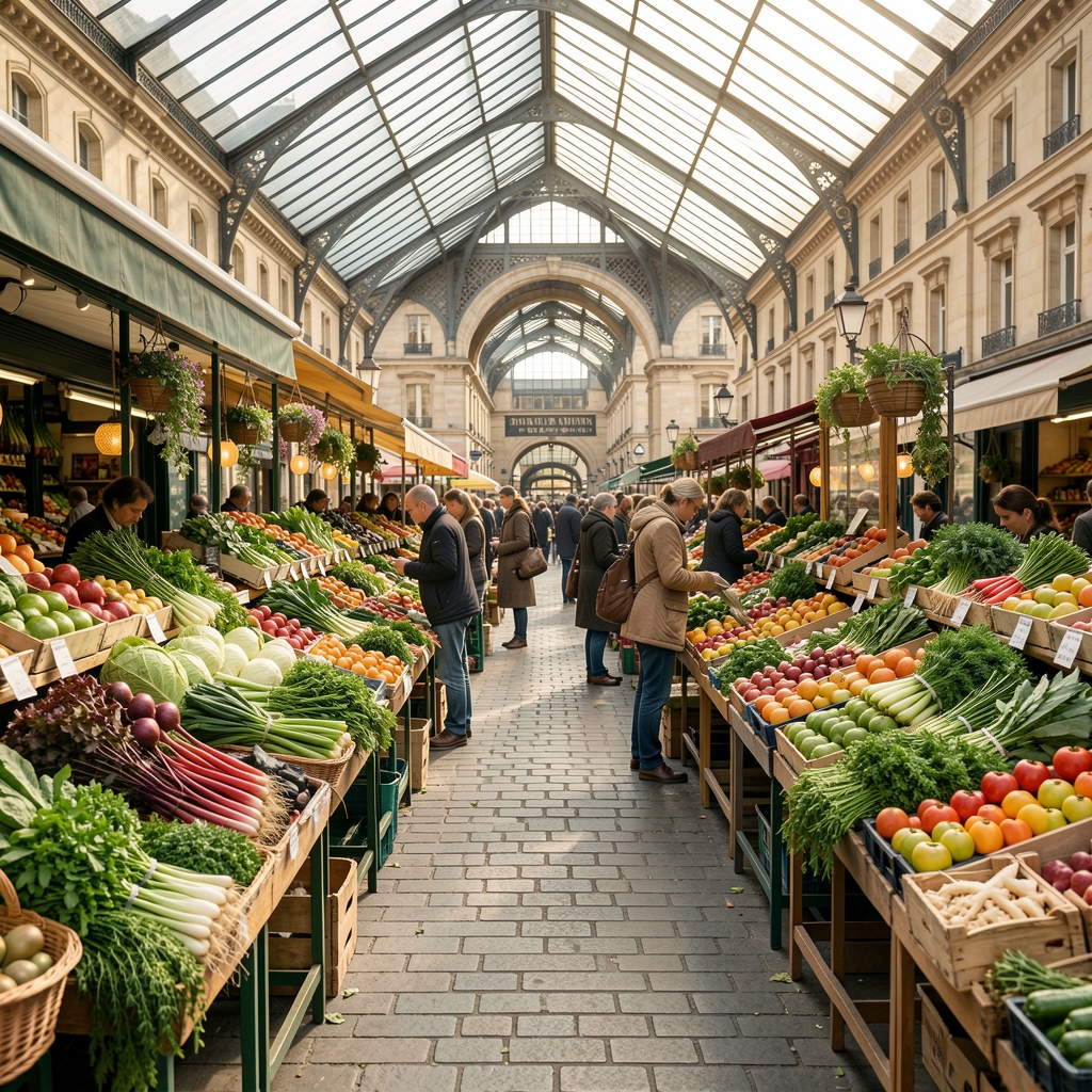 Marché couvert français avec étals de légumes, fruits et herbes aromatiques au printemps