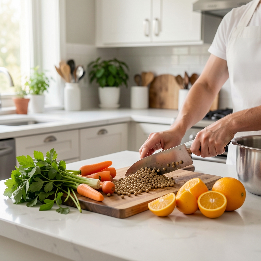 Préparation de repas avec légumes lavés, pois chiches et agrumes dans une cuisine lumineuse
