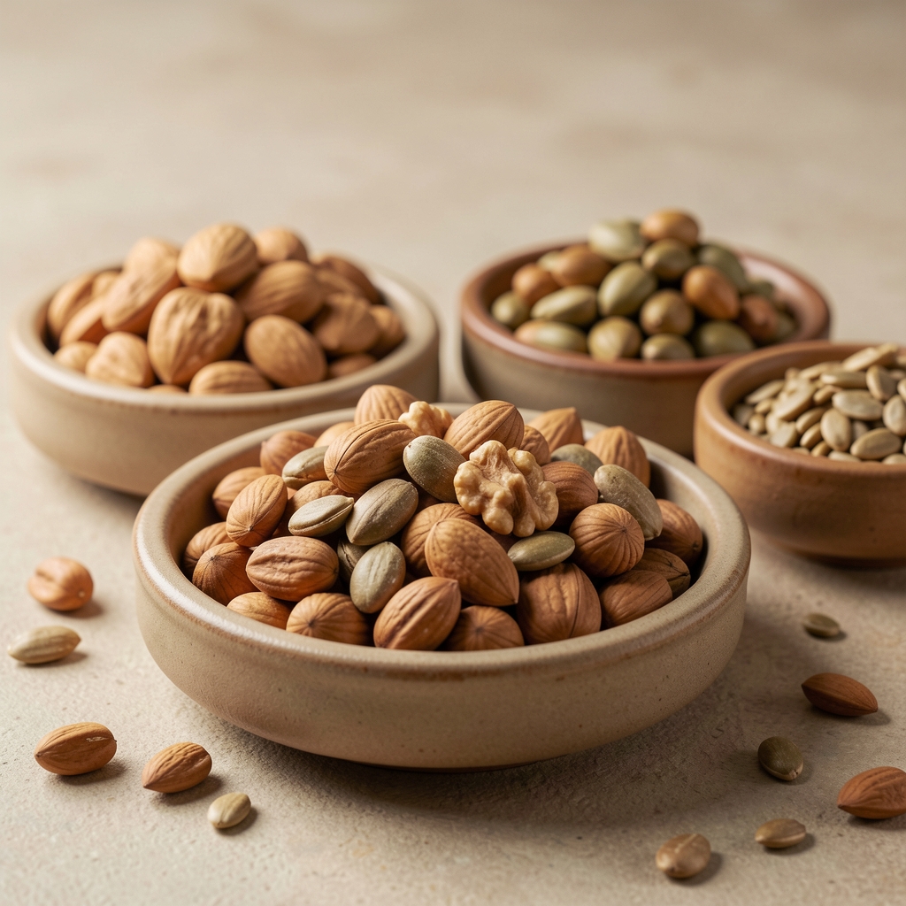 Amandes, noix et graines de courge disposées dans de petites coupelles en céramique