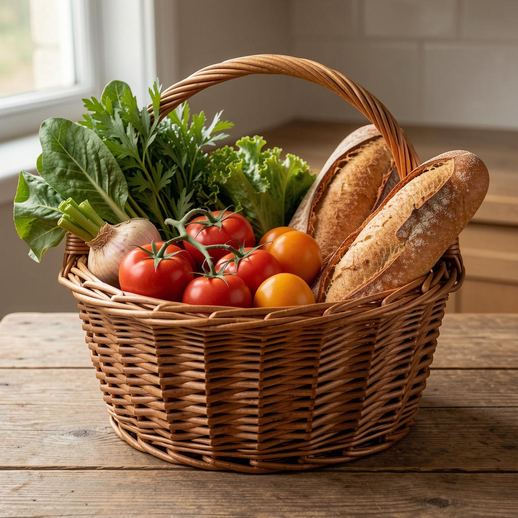 Panier en osier rempli de légumes frais, de pain et d'une liste de courses manuscrite