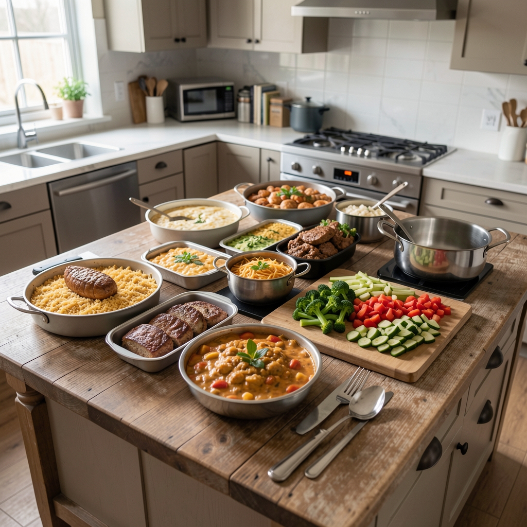 Grande table de cuisine avec plusieurs plats préparés en lot, casseroles et planches de légumes découpés