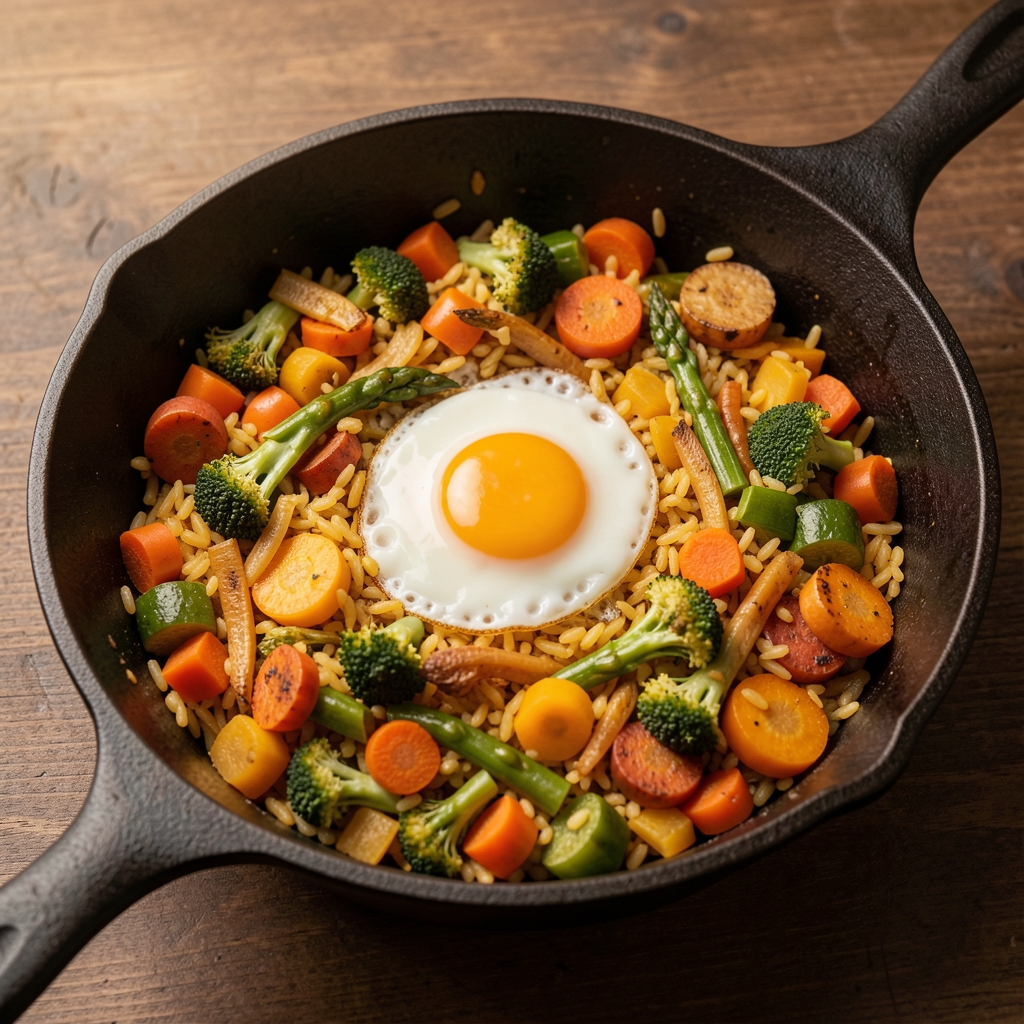 Poêlée de restes de légumes et de riz dorée dans une poêle en fonte avec un œuf