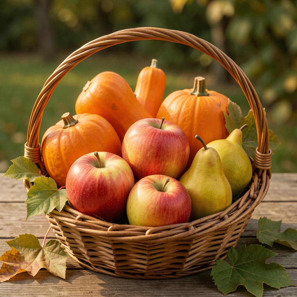 Courges, potimarrons, pommes et poires disposés dans un panier en osier avec des feuilles d'automne