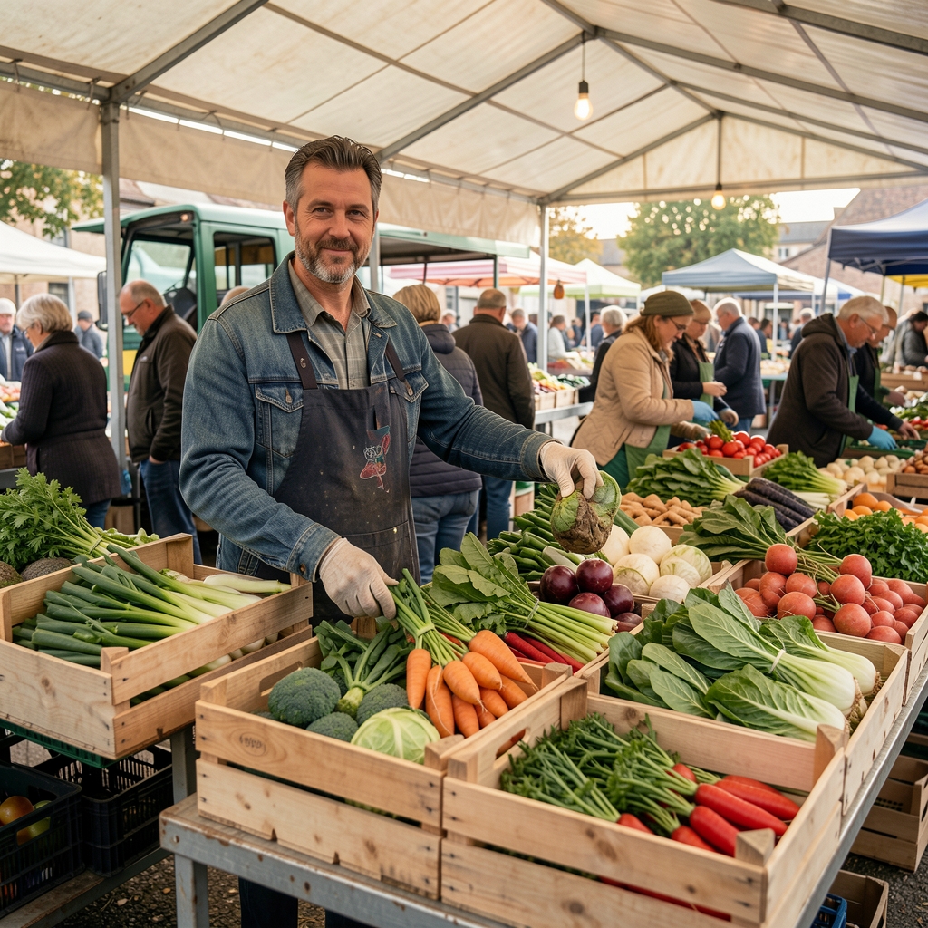 Producteur local disposant des cagettes de légumes sur un stand de marché couvert