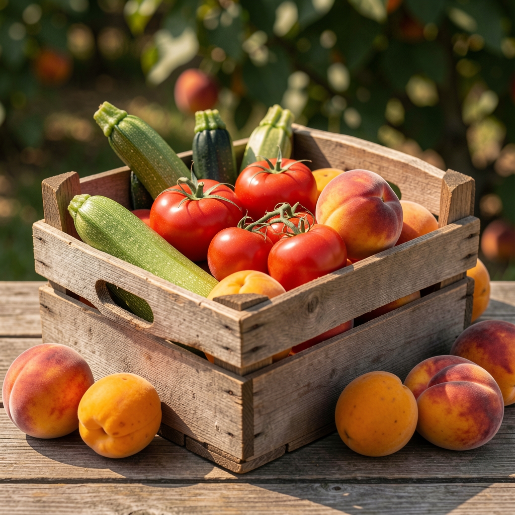 Cagette de tomates anciennes, courgettes, pêches et abricots mûrs sous le soleil d'été