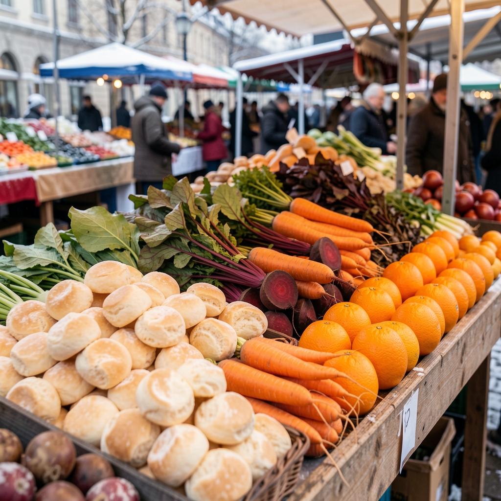 Choux, carottes, betteraves et oranges alignés sur un étal de marché en hiver