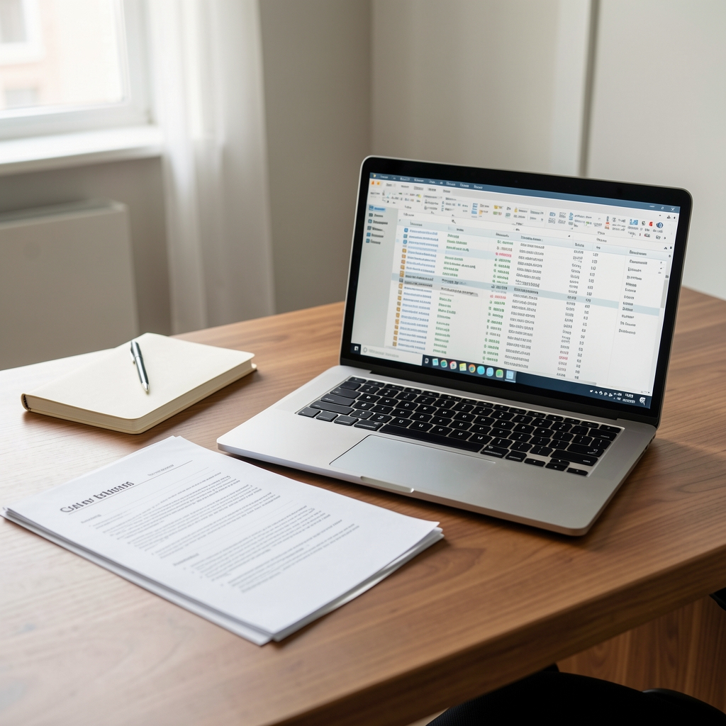 Table de travail avec rapports imprimés, carnet de notes et ordinateur portable ouvert sur une base de données