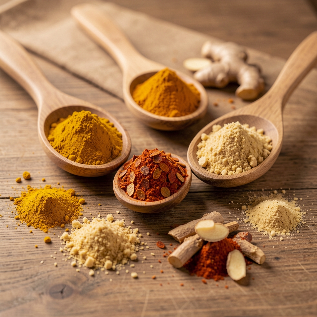 Cuillères en bois remplies de curcuma, paprika et gingembre moulu sur un plan de travail