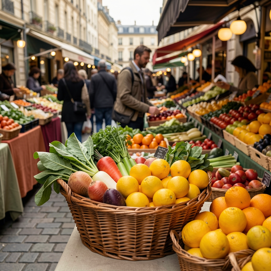Légumes de saison disposés dans un panier en osier sur un étal de marché à Lyon