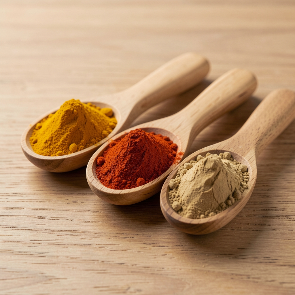 Petites cuillères en bois contenant curcuma, paprika, cumin et gingembre en poudre