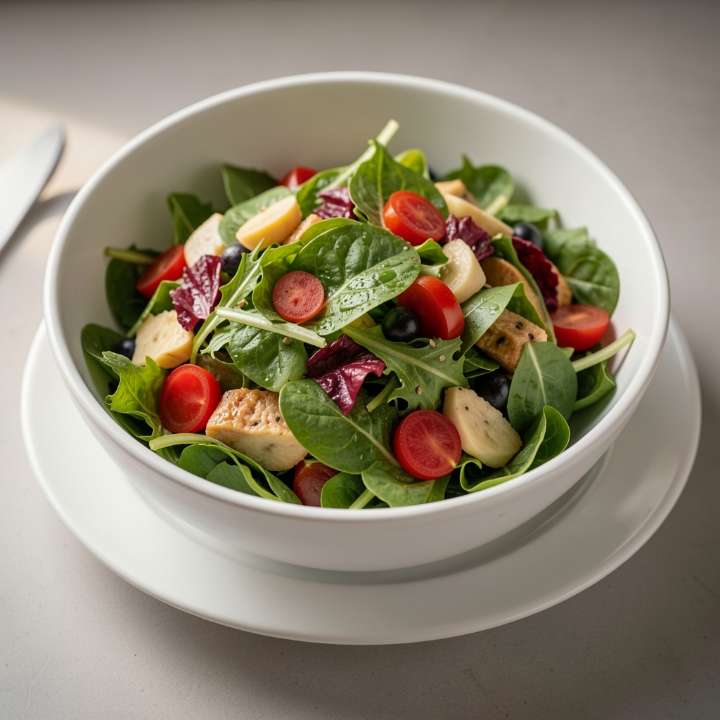 Grand saladier de feuilles d'épinards, de roquette et de mâche fraîches avec des radis sur une table claire