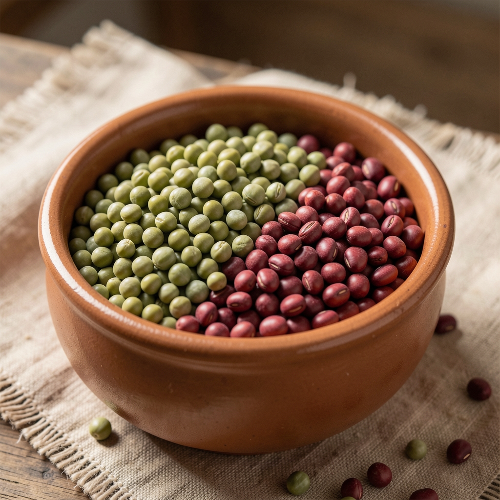 Bols en céramique remplis de lentilles vertes, de pois chiches et de haricots rouges secs