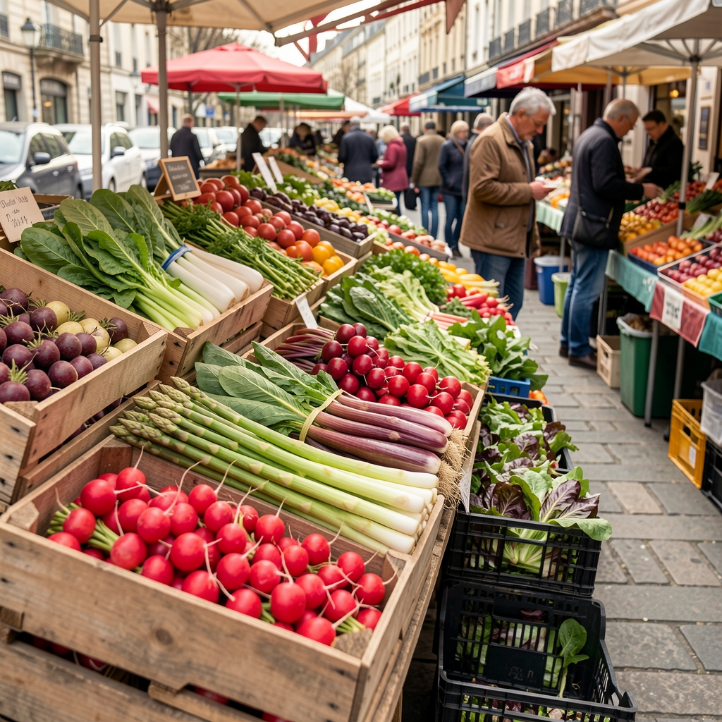 Marché en plein air avec cagettes de légumes de printemps, asperges, radis et salades