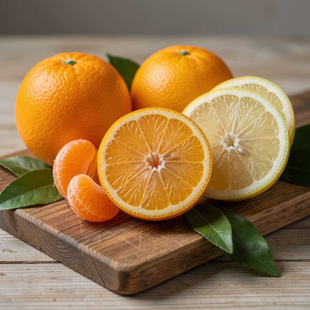 Oranges, clémentines et citrons coupés en deux sur une planche en bois avec feuilles vertes