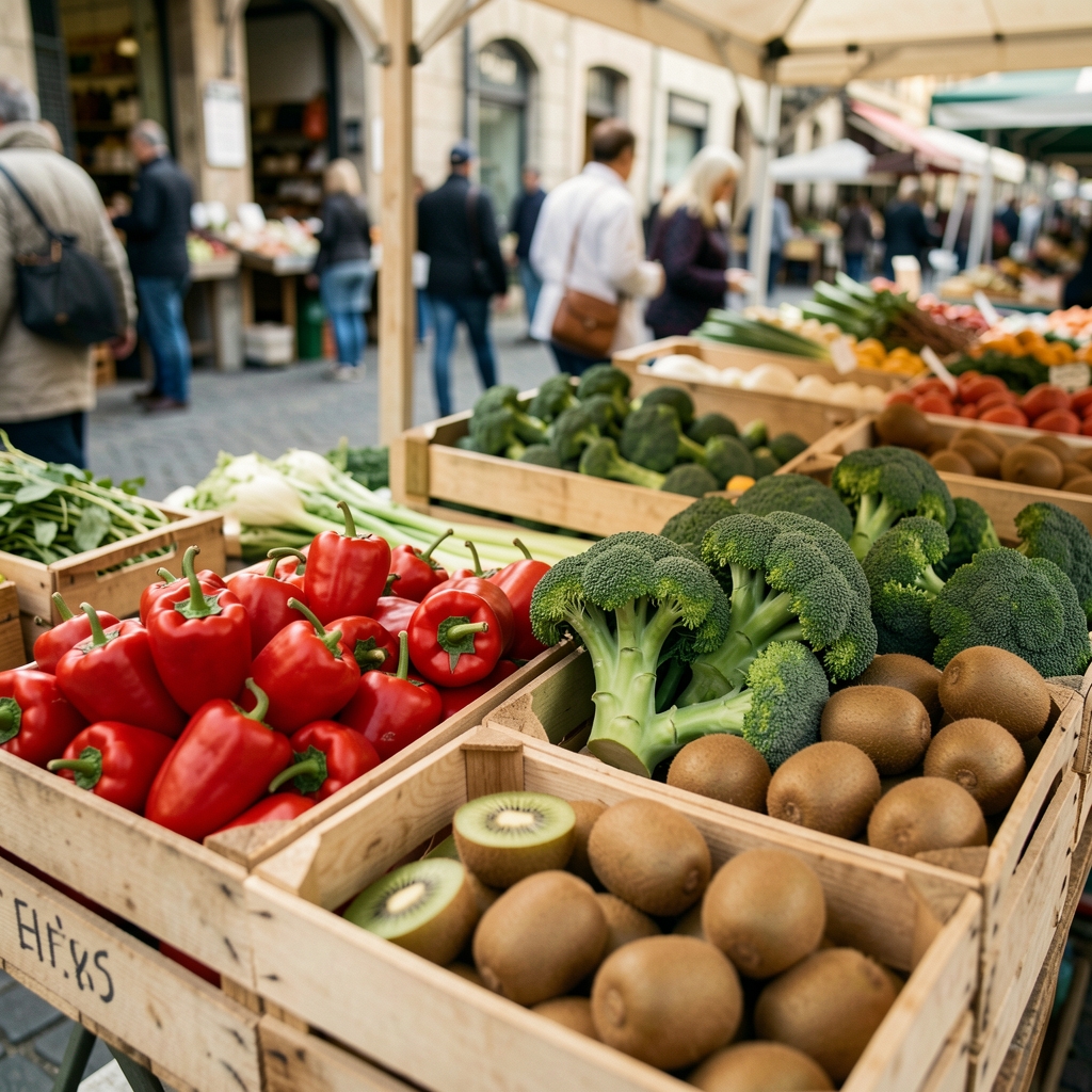 Étal de marché avec poivrons rouges, brocolis et kiwis disposés dans des cagettes en bois